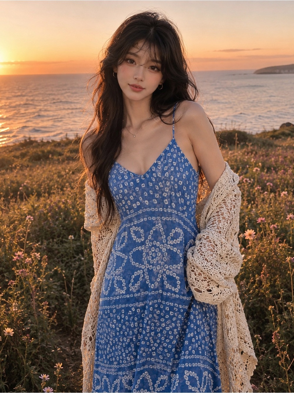 Santorini Sunsets & Ocean Whimsy flowy printed drapey maxi dress with pockets